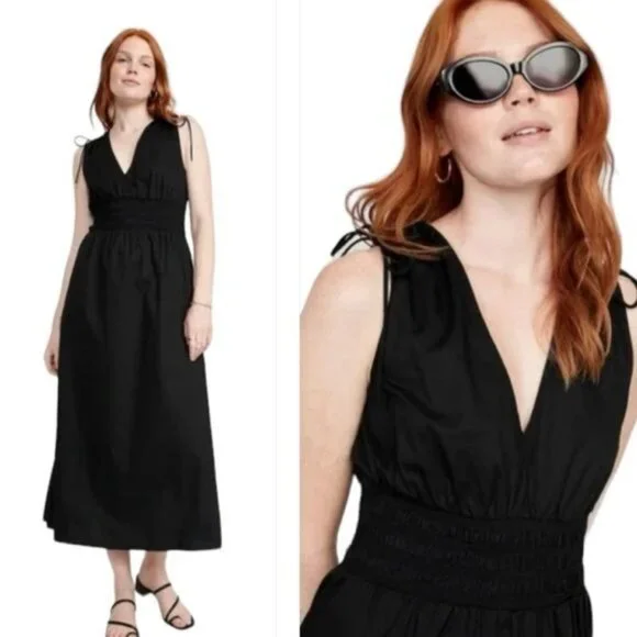 Old Navy Fit & Flare Sleeveless Tie-Shoulder Smocked Maxi Dress Size L New Black - Picture 3 of 13